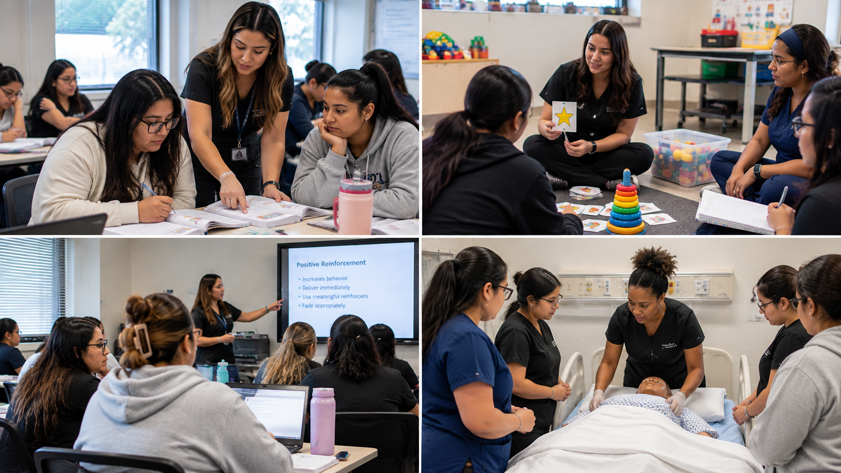VIDA instructors guiding students through classroom, ABA and healthcare skills training