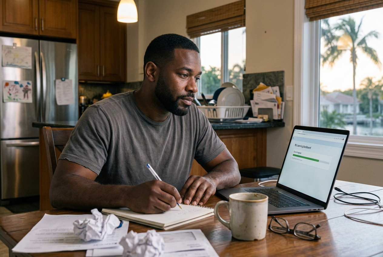 Adult learner taking notes during an online VIDA course