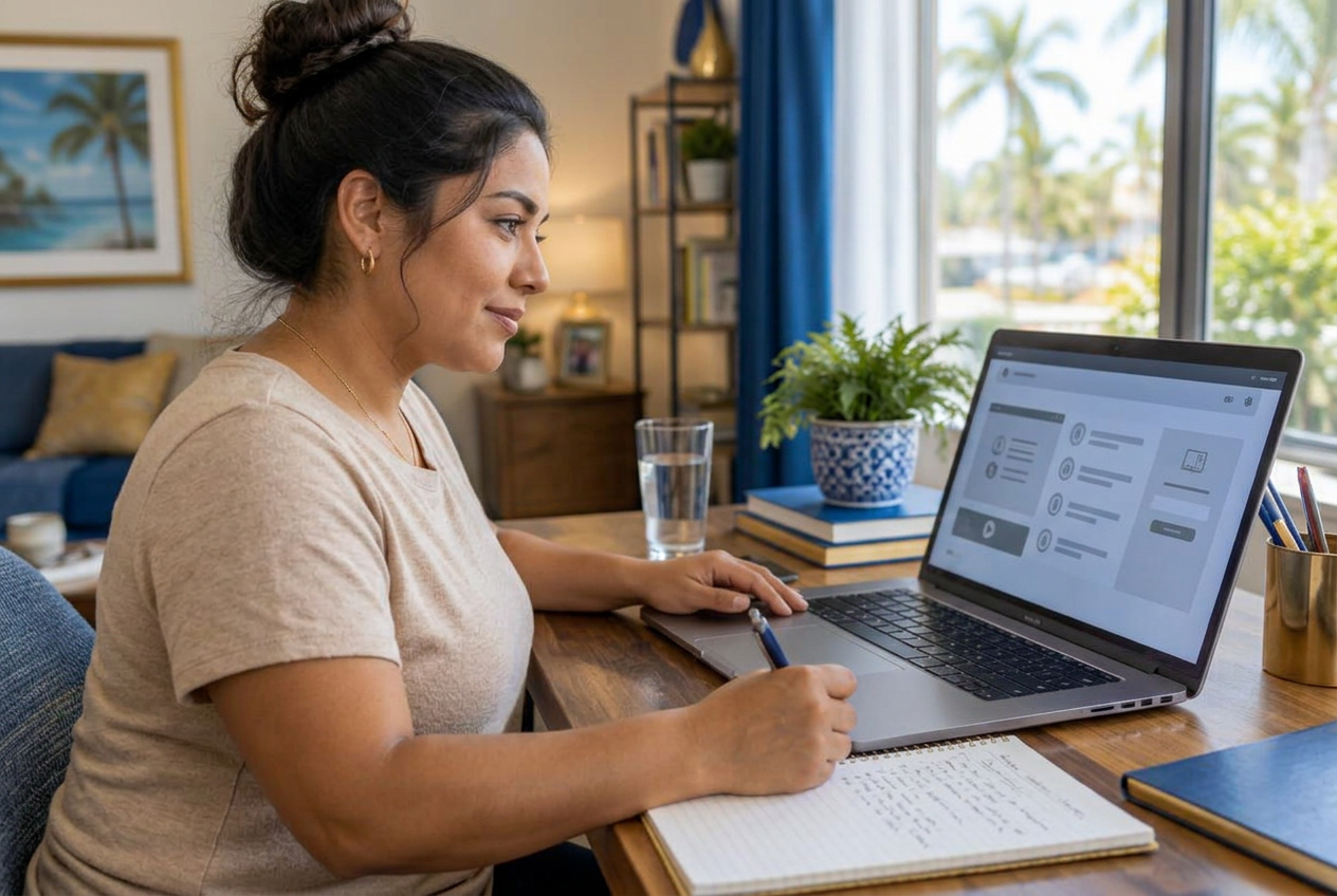 Healthcare student completing an online VIDA course from home